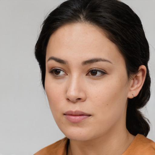 Neutral asian young-adult female with medium  brown hair and brown eyes