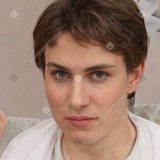 Neutral white young-adult female with short  brown hair and brown eyes