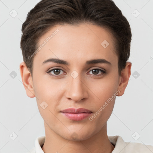 Joyful white young-adult female with short  brown hair and brown eyes