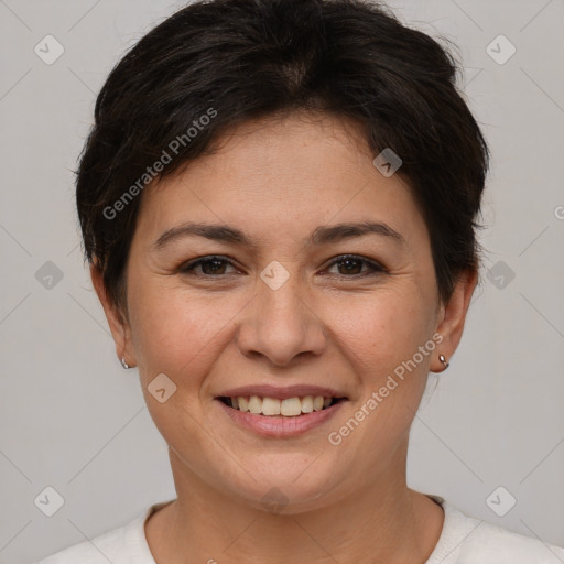 Joyful white young-adult female with short  brown hair and brown eyes