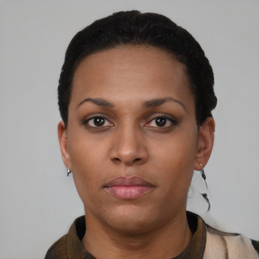Neutral black young-adult female with short  black hair and brown eyes