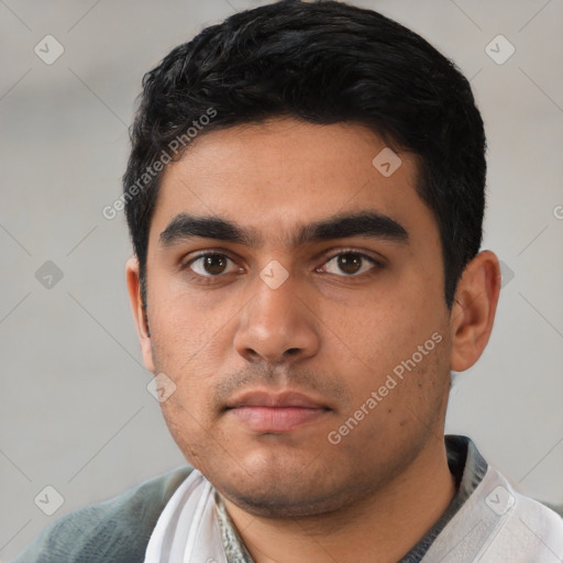 Neutral latino young-adult male with short  black hair and brown eyes