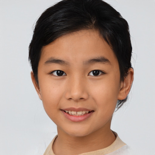 Joyful asian child female with short  brown hair and brown eyes
