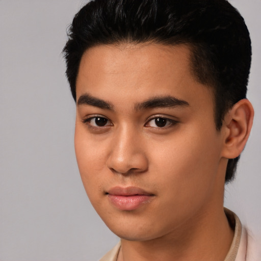 Neutral asian young-adult male with short  black hair and brown eyes