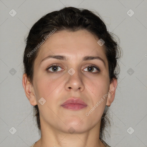 Neutral white young-adult female with medium  brown hair and brown eyes