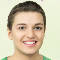 Joyful white young-adult female with short  brown hair and green eyes