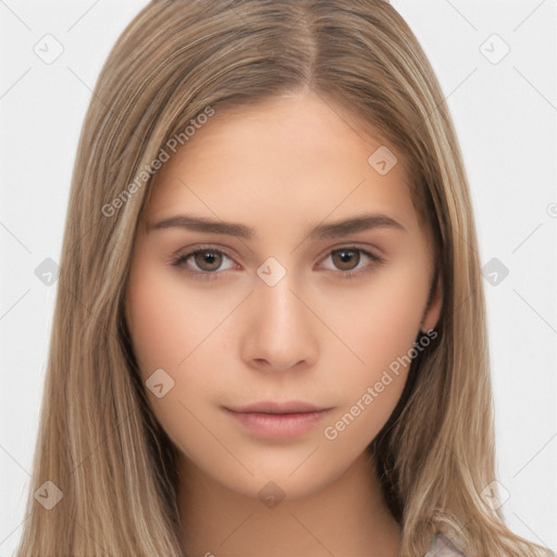 Neutral white young-adult female with long  brown hair and brown eyes