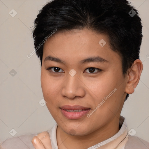 Joyful latino young-adult female with short  brown hair and brown eyes