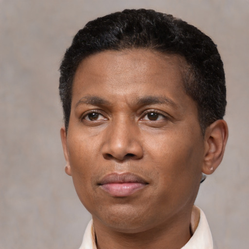 Neutral black adult male with short  black hair and brown eyes