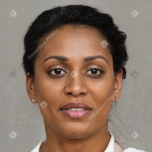 Joyful latino young-adult female with short  brown hair and brown eyes