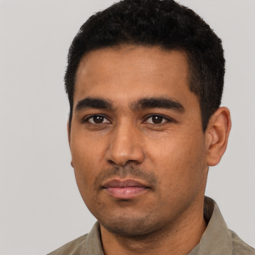 Neutral latino young-adult male with short  black hair and brown eyes