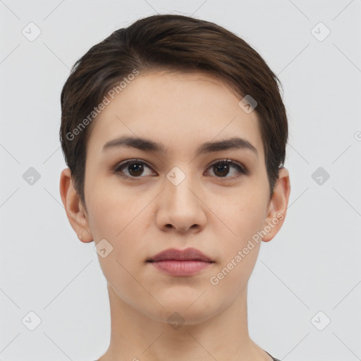 Neutral white young-adult female with short  brown hair and brown eyes