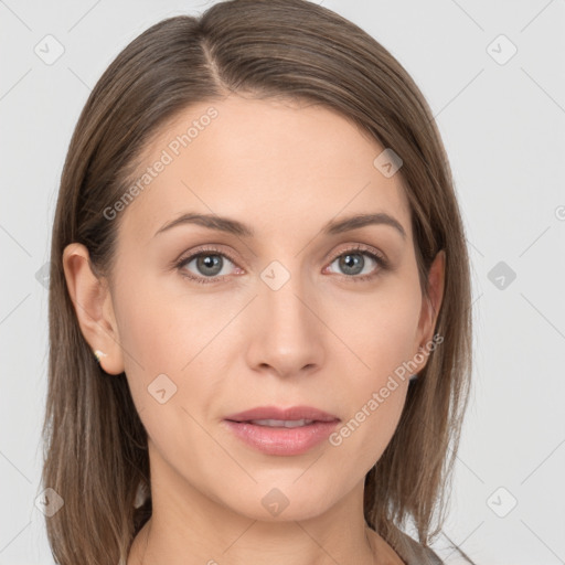 Neutral white young-adult female with medium  brown hair and grey eyes