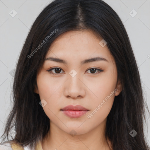 Neutral asian young-adult female with long  brown hair and brown eyes