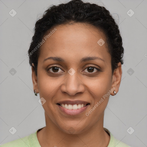 Joyful latino young-adult female with short  brown hair and brown eyes