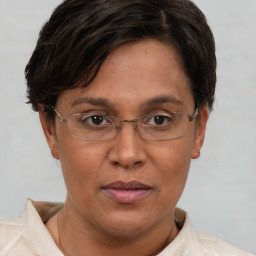 Neutral white adult female with short  brown hair and brown eyes