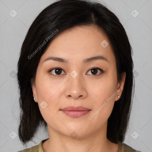 Joyful white young-adult female with medium  brown hair and brown eyes