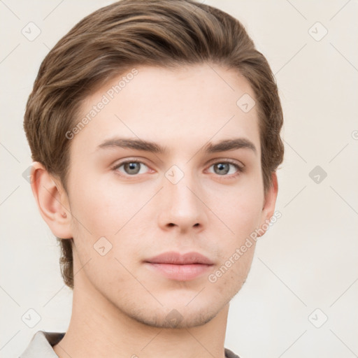 Neutral white young-adult male with short  brown hair and grey eyes