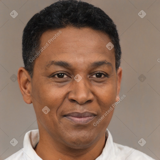 Joyful latino adult male with short  brown hair and brown eyes