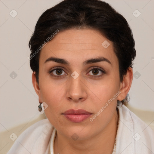 Neutral white young-adult female with short  brown hair and brown eyes