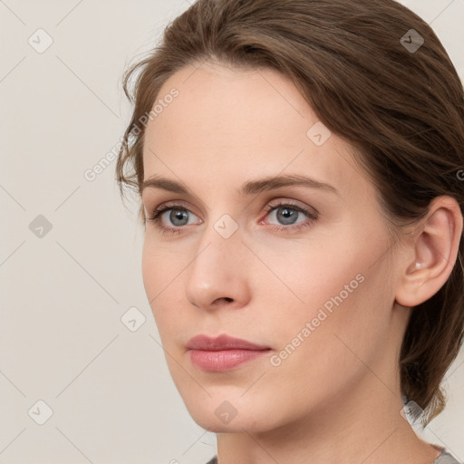 Neutral white young-adult female with medium  brown hair and grey eyes