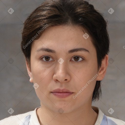 Neutral white young-adult female with medium  brown hair and brown eyes