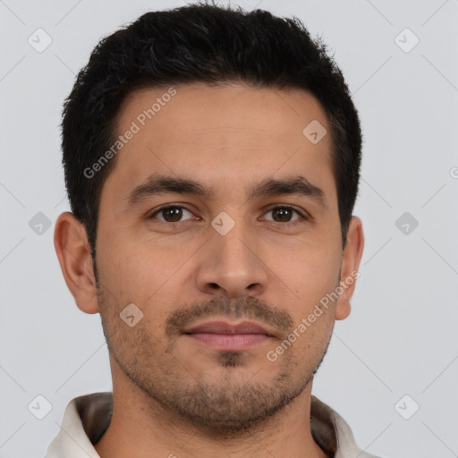 Neutral latino young-adult male with short  brown hair and brown eyes