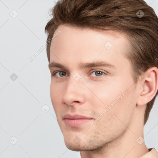 Neutral white young-adult male with short  brown hair and grey eyes