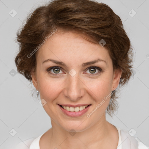 Joyful white young-adult female with medium  brown hair and green eyes