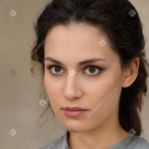 Neutral white young-adult female with medium  brown hair and brown eyes