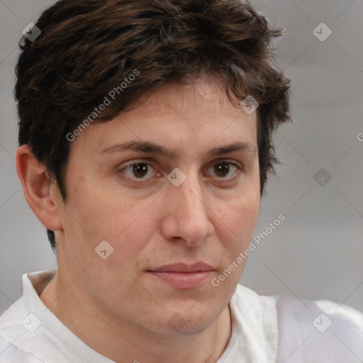 Joyful white adult female with short  brown hair and brown eyes