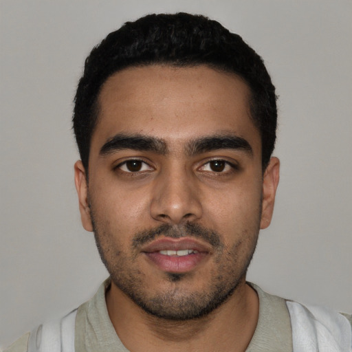 Neutral latino young-adult male with short  black hair and brown eyes