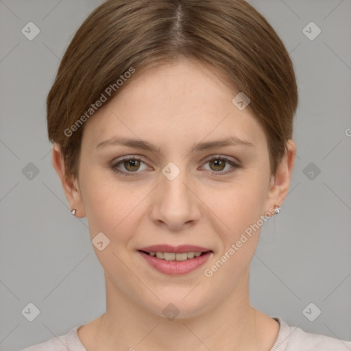 Joyful white young-adult female with short  brown hair and grey eyes