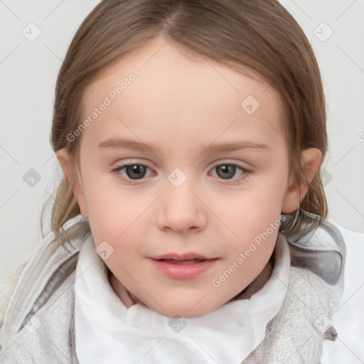 Neutral white child female with medium  brown hair and blue eyes