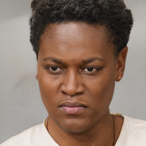 Neutral black young-adult female with short  brown hair and brown eyes