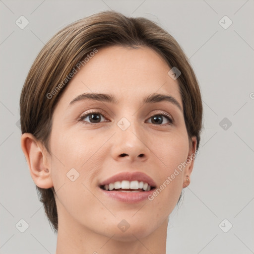 Joyful white young-adult female with short  brown hair and grey eyes