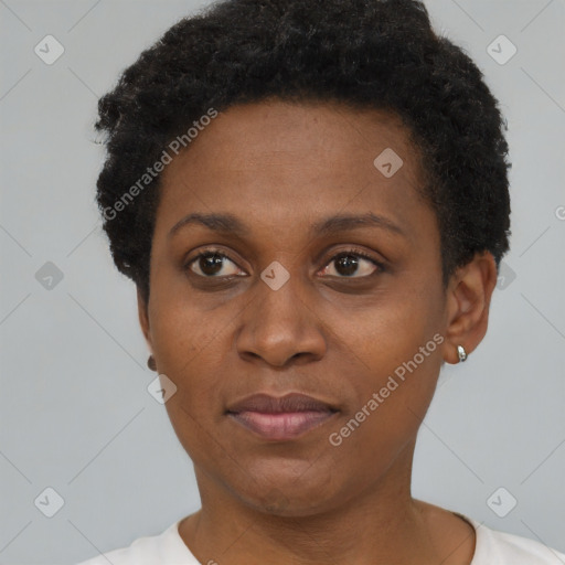 Neutral black young-adult female with short  black hair and brown eyes