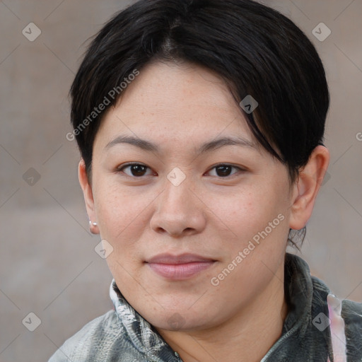 Joyful asian young-adult female with short  brown hair and brown eyes