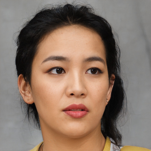 Neutral asian young-adult female with medium  black hair and brown eyes