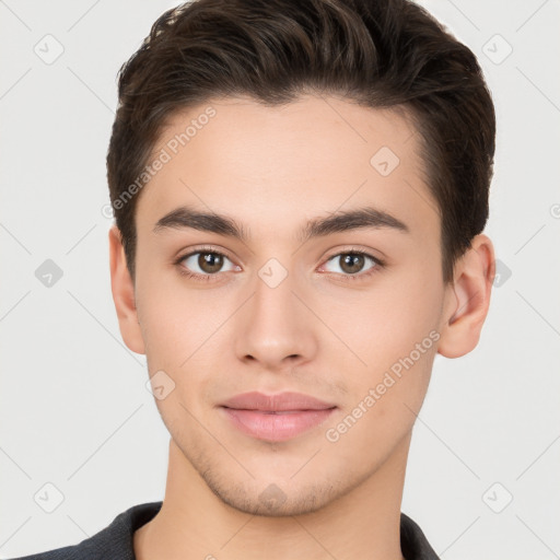 Neutral white young-adult male with short  brown hair and brown eyes