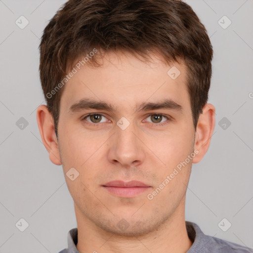 Neutral white young-adult male with short  brown hair and brown eyes