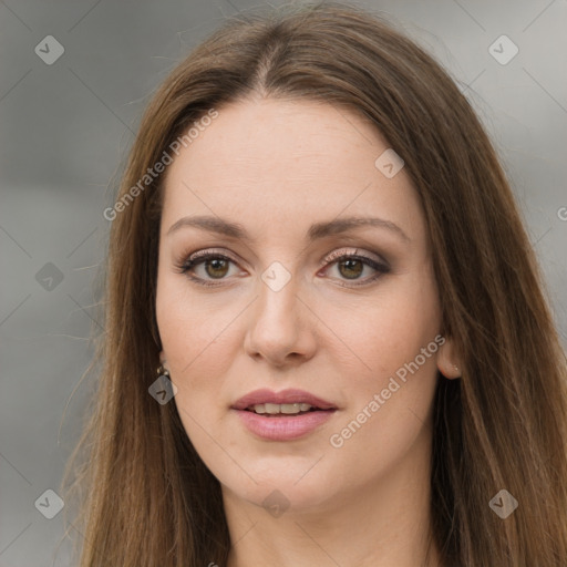 Joyful white young-adult female with long  brown hair and green eyes