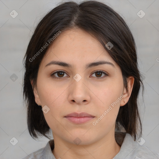 Neutral white young-adult female with medium  brown hair and brown eyes