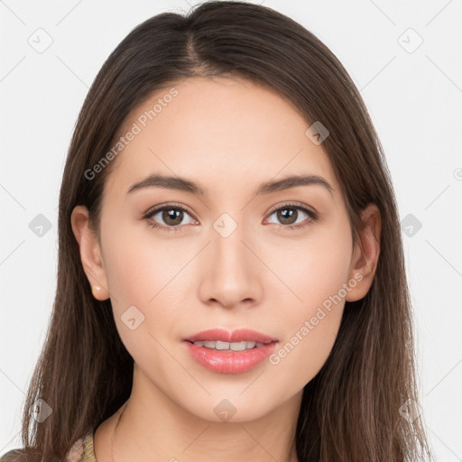 Neutral white young-adult female with long  brown hair and brown eyes