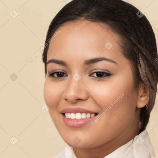 Joyful white young-adult female with long  brown hair and brown eyes