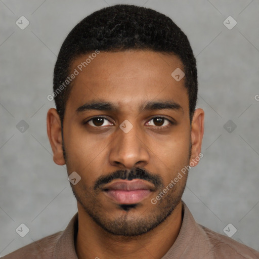 Neutral latino young-adult male with short  black hair and brown eyes