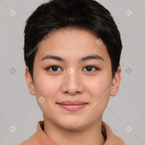 Joyful asian young-adult female with short  brown hair and brown eyes