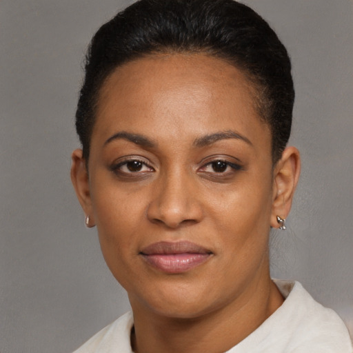 Joyful latino adult female with short  black hair and brown eyes