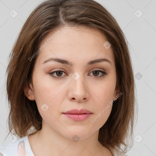 Neutral white young-adult female with medium  brown hair and brown eyes