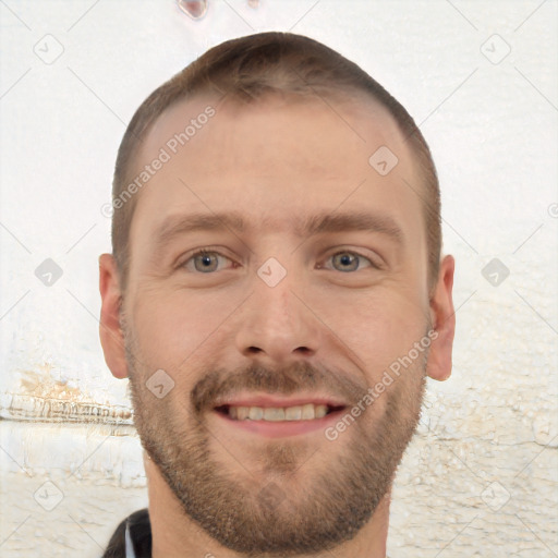 Joyful white young-adult male with short  brown hair and brown eyes